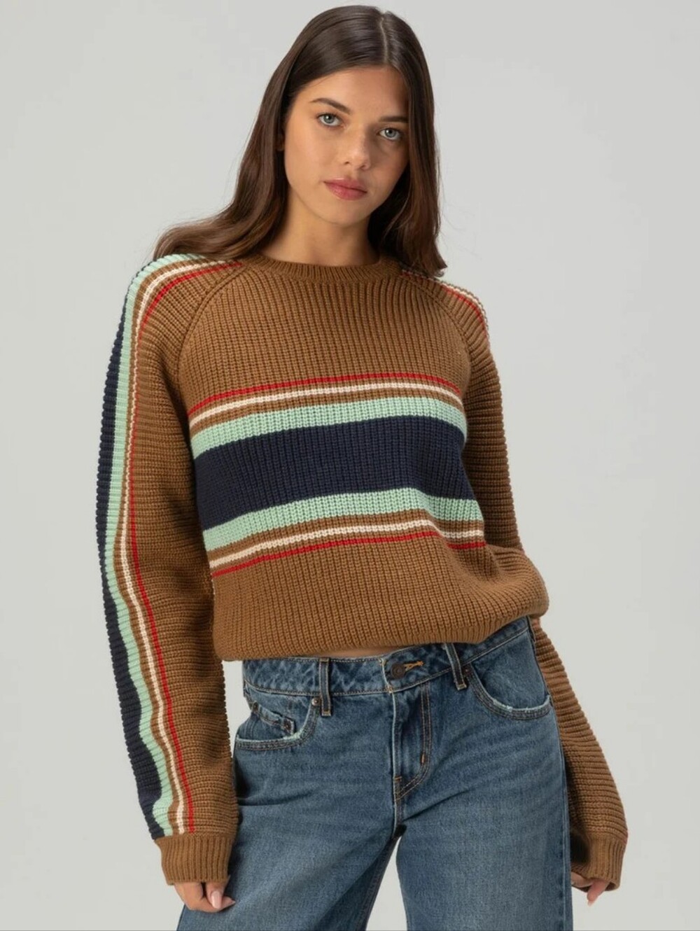 Brixton Racing Stripe sweater washed copper brown aqua retro 90s Women's medium